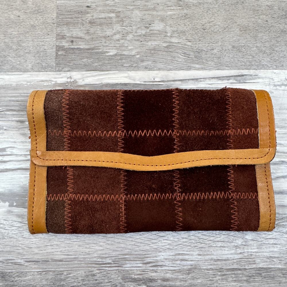 Vintage 70s Brown Suede Patchwork Checkbook Wallet Brazil Boho Artisan Western